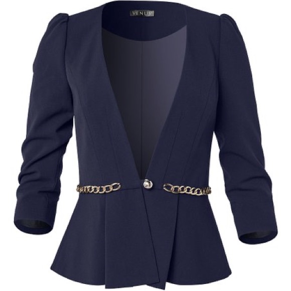 Venus Navy Chain Accent Peplum Jacket - Picture 2 of 6